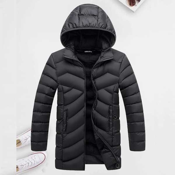 

Men Padded Zip Up Hooded Jacket, Black
