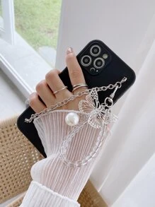 Ốp điện thoại mặt dây chuyền ngọc trai hình bướm, dây kim loại, tương thích với iPhone 15 Pro Max, 14, 13, 12, 11, phiên bản quốc tế, không phải phiên bản nội địa. - màu đen - Xem 3
