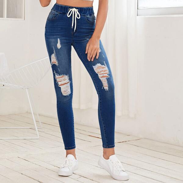 

Drawstring Waist Ripped Skinny Jeans, Dark wash