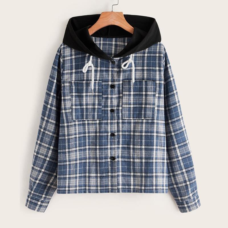 

Plaid Hooded Button Front Blouse, Multicolor