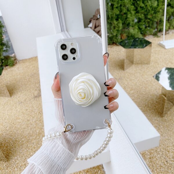 

3D Flower Decor Phone Case With Faux Pearl Hand Strap, Clear