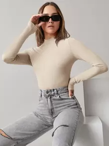 SHEIN BASICS Áo thun màu trơn Giải trí - Màu be - Xem 1