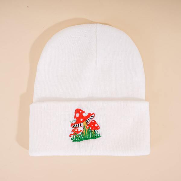 

Mushroom Embroidered Knitted Hat, White
