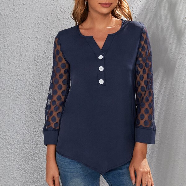 

Contrast Dobby Mesh Sleeve Notched Neck Blouse, Blue
