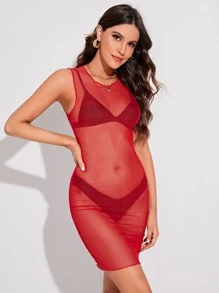 SHEIN See Through Mesh Dress - Red - View 1