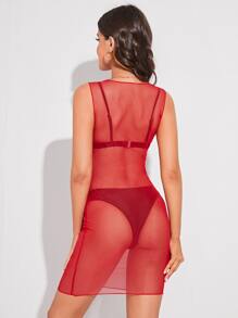 SHEIN See Through Mesh Dress - Red - View 2