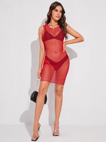 SHEIN See Through Mesh Dress - Red - View 3