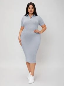 SHEIN BASICS 大碼螺紋針織緊身洋裝 - 灰色 - 查看 1