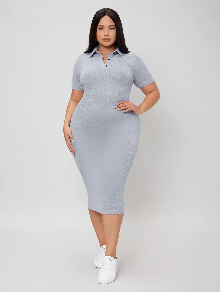 SHEIN BASICS 大碼螺紋針織緊身洋裝 - 灰色 - 查看 1