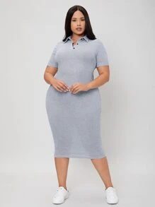 SHEIN BASICS 大碼螺紋針織緊身洋裝 - 灰色 - 查看 3