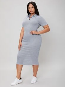 SHEIN BASICS 大碼螺紋針織緊身洋裝 - 灰色 - 查看 4