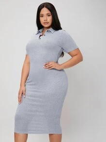 SHEIN BASICS 大碼螺紋針織緊身洋裝 - 灰色 - 查看 5