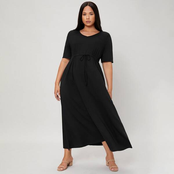 

Plus Drawstring Waist A-line Dress, Black