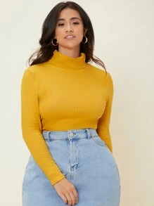 SHEIN BASICS Plus Ribbed Knit Turtleneck Tee - Mustard Yellow - View 1