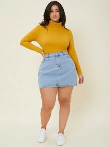 SHEIN BASICS Plus Ribbed Knit Turtleneck Tee - Mustard Yellow - View 3