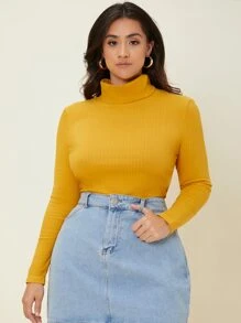 SHEIN BASICS Plus Ribbed Knit Turtleneck Tee - Mustard Yellow - View 4