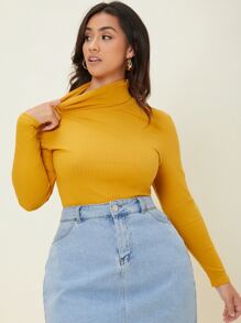 SHEIN BASICS Plus Ribbed Knit Turtleneck Tee - Mustard Yellow - View 5