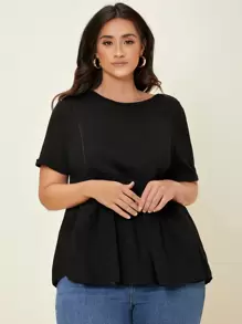 SHEIN BASICS Plus Spetsinslag Enfärgat Peplum T-Skjortor - Svart - Visa 1