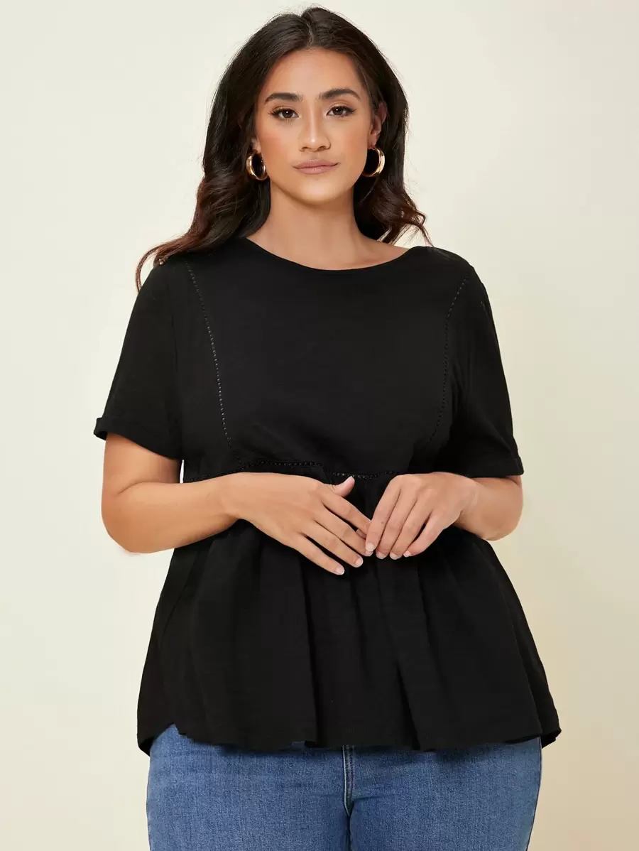 SHEIN BASICS Plus Spetsinslag Enfärgat Peplum T-Skjortor - Svart - Visa 1