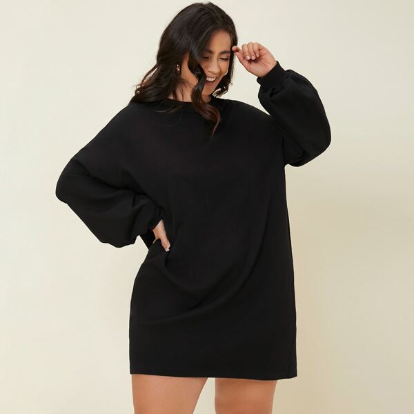 

Plus Drop Shoulder Lantern Sleeve Sweatshirt Dress, Black