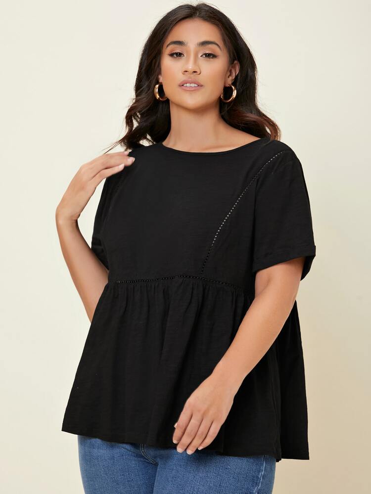 SHEIN BASICS Plus Lace Insert Solid Peplum Tee - Black - View 3