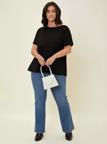 SHEIN BASICS Plus Spetsinslag Enfärgat Peplum T-Skjortor - Svart - Visa 4