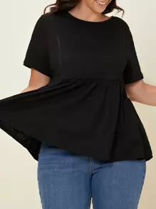 SHEIN BASICS Plus Spetsinslag Enfärgat Peplum T-Skjortor - Svart - Visa 5