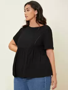 SHEIN BASICS Plus Spetsinslag Enfärgat Peplum T-Skjortor - Svart - Visa 6