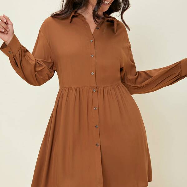 

Plus Drop Shoulder Shirt Dress, Brown
