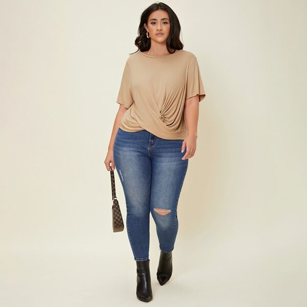

Plus Solid Cross Wrap Sweatshirt, Apricot