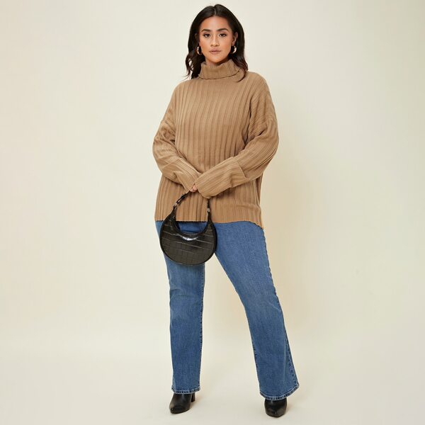 

Plus Turtleneck Ribbed Knit Split Hem Sweater, Khaki