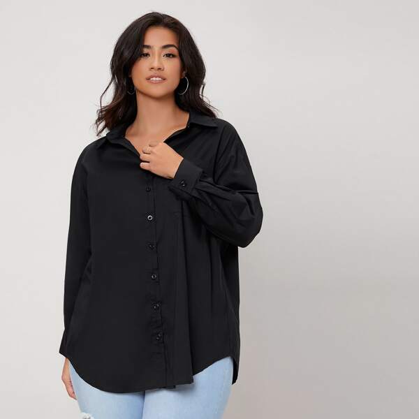 

Plus Drop Shoulder Curved Hem Blouse, Black