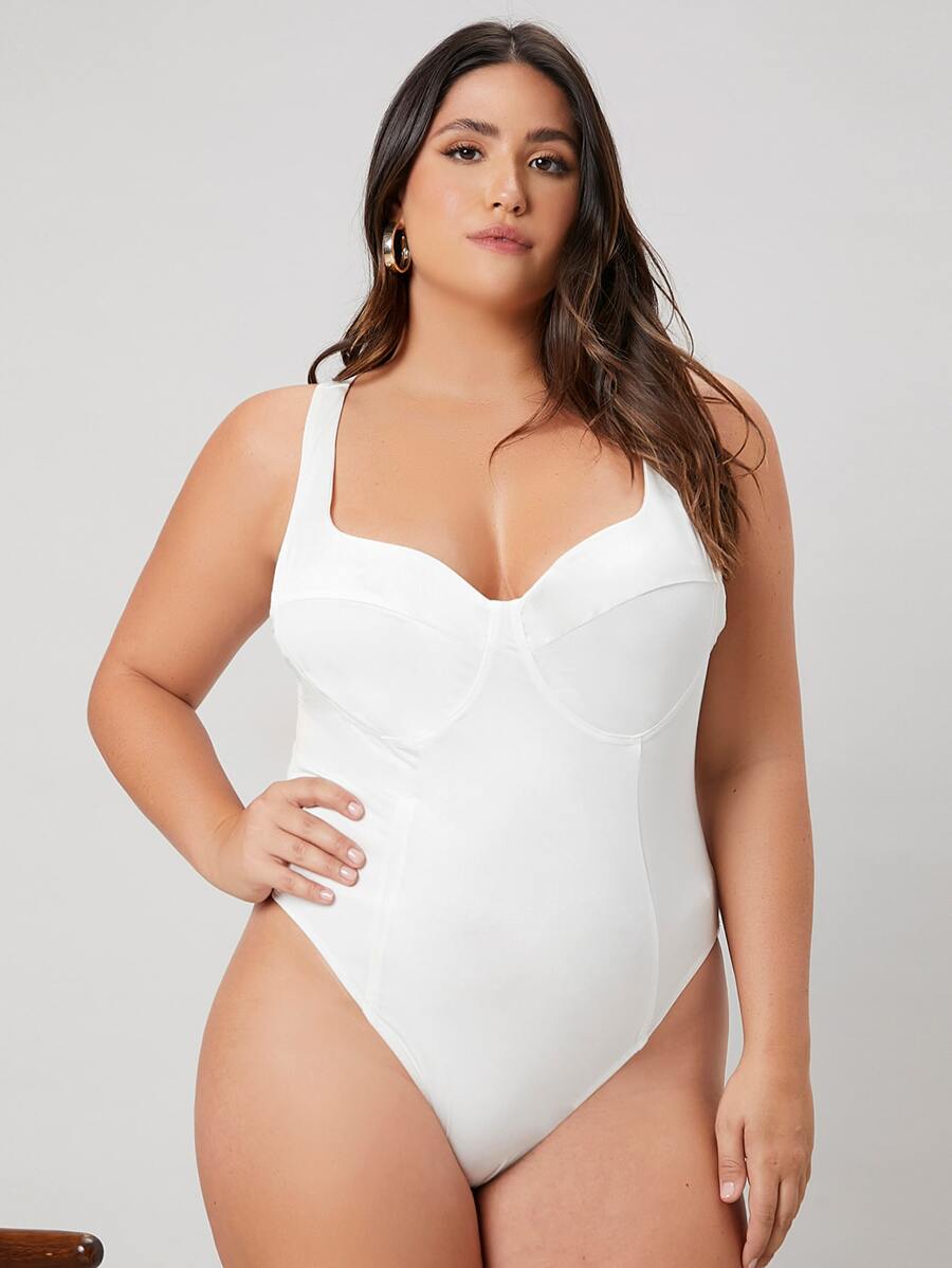 SHEIN 大碼素色雞心領口連身背心 - 白色 - 查看 1