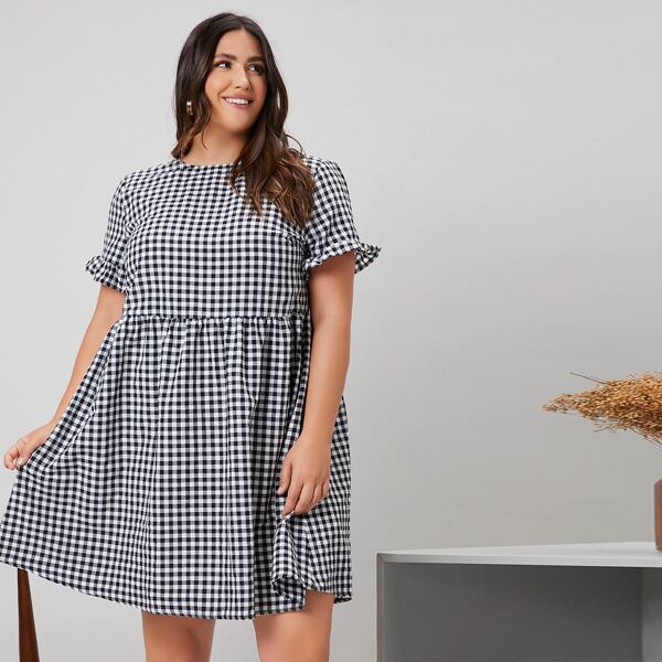 

Plus Gingham Print Flounce Sleeve Dress, Black and white