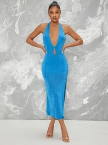 SHEIN BAE Plunge Halter Cutout Slit Midi Bodycon Dress - Blue - View 3