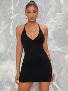 SHEIN BAE Đầm Lộ Lưng Buộc lại màu trơn Gợi cảm - màu đen - Xem 2