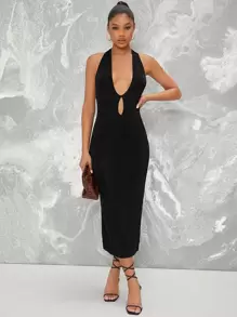 SHEIN BAE Plunge Halter Cutout Slit Midi Bodycon Dress - Black - View 3