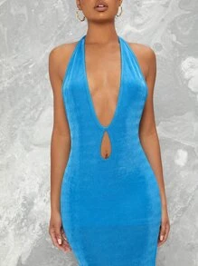 SHEIN BAE Plunge Halter Cutout Slit Midi Bodycon Dress - Blue - View 5