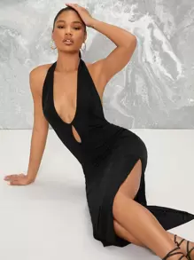 SHEIN BAE Plunge Halter Cutout Slit Midi Bodycon Dress - Black - View 5