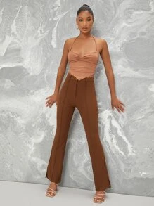 SHEIN BAE 開衩下擺傘狀腿褲子 - 棕色 - 查看 3