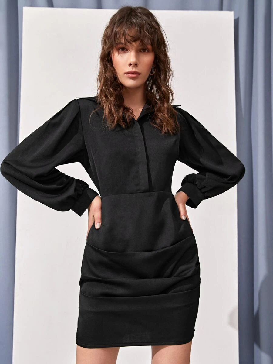 SHEIN Unity 素色燈籠袖半排扣前收褶洋裝 - 黑色 - 查看 1