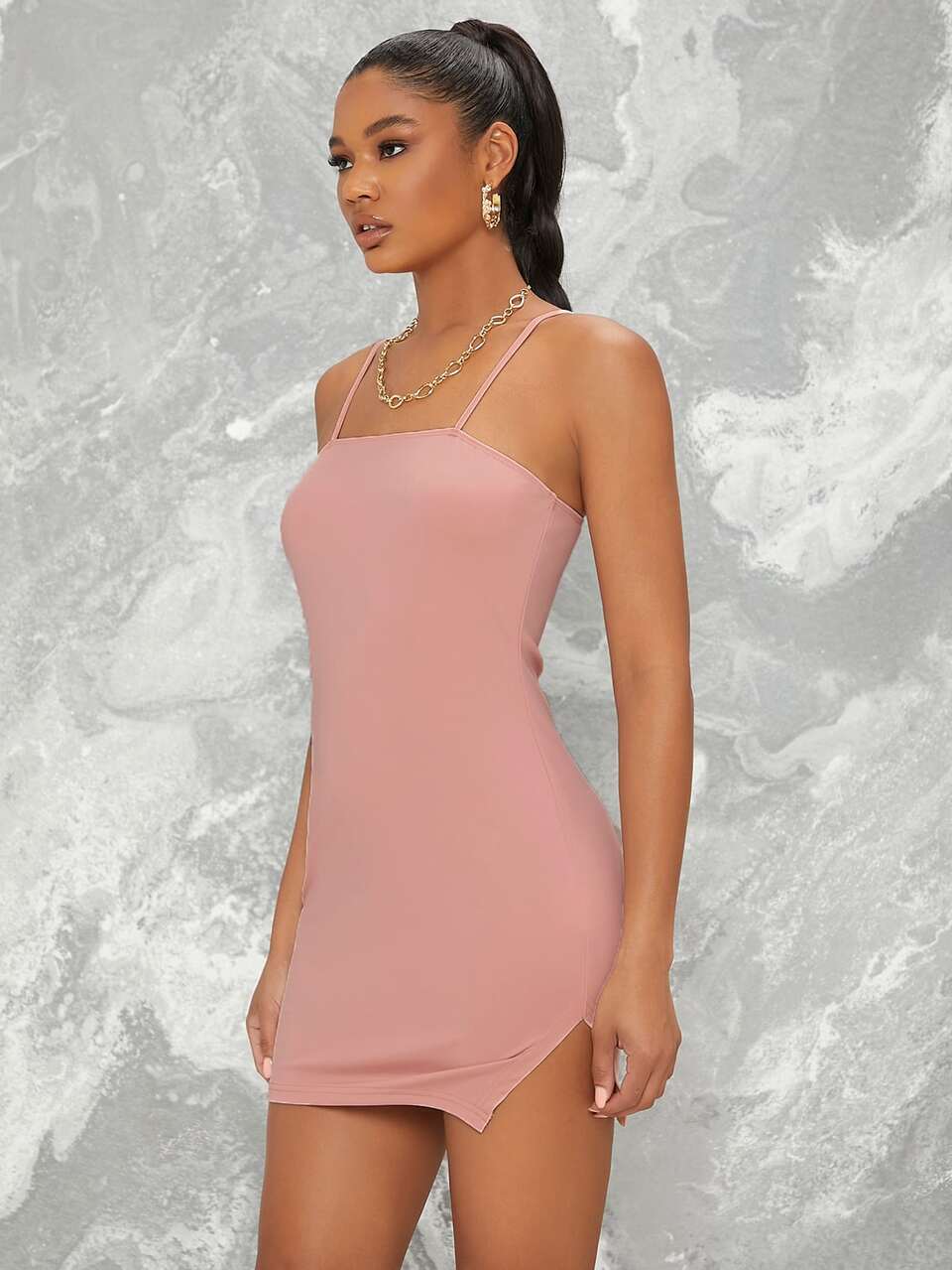 Form Fitting Slit Hem Cami Dress