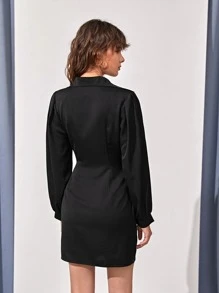 SHEIN Unity 素色燈籠袖半排扣前收褶洋裝 - 黑色 - 查看 2