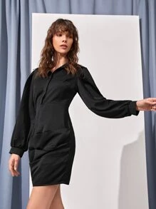 SHEIN Unity 素色燈籠袖半排扣前收褶洋裝 - 黑色 - 查看 3