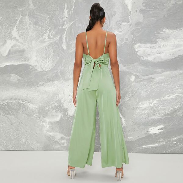 

Satin Ruched Self-Tie Bow Cami Jumpsuit, Green