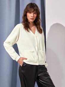 SHEIN LUNE Dual Pocket Drop Shoulder Flannel Jacket - White - View 1