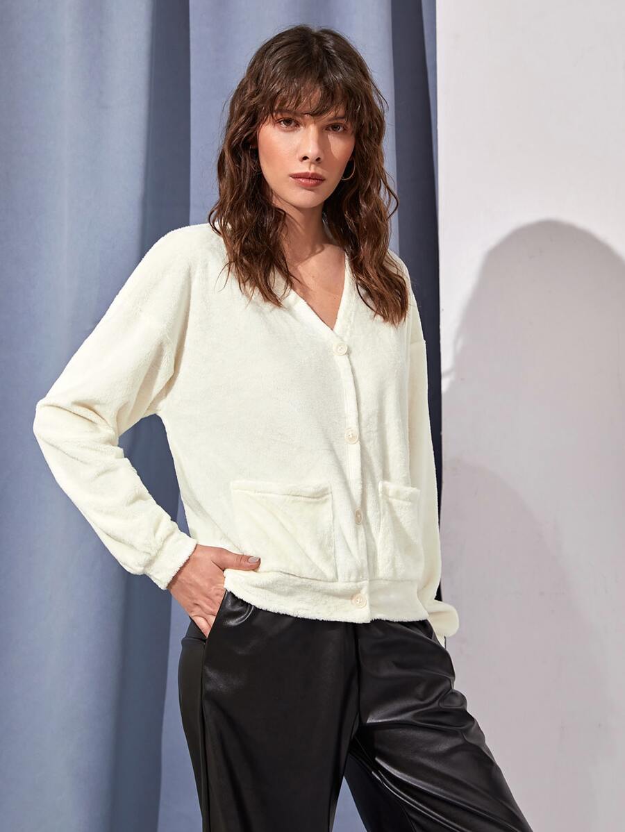 SHEIN LUNE Dual Pocket Drop Shoulder Flannel Jacket - White - View 1