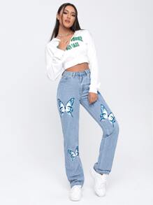 SHEIN Jeans con estampado de mariposa de talle alto - Lavado ligero - Ver 1