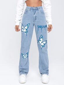SHEIN Jeans con estampado de mariposa de talle alto - Lavado ligero - Ver 3
