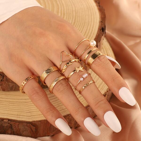 

10pcs Butterfly & Heart Decor Ring, Gold
